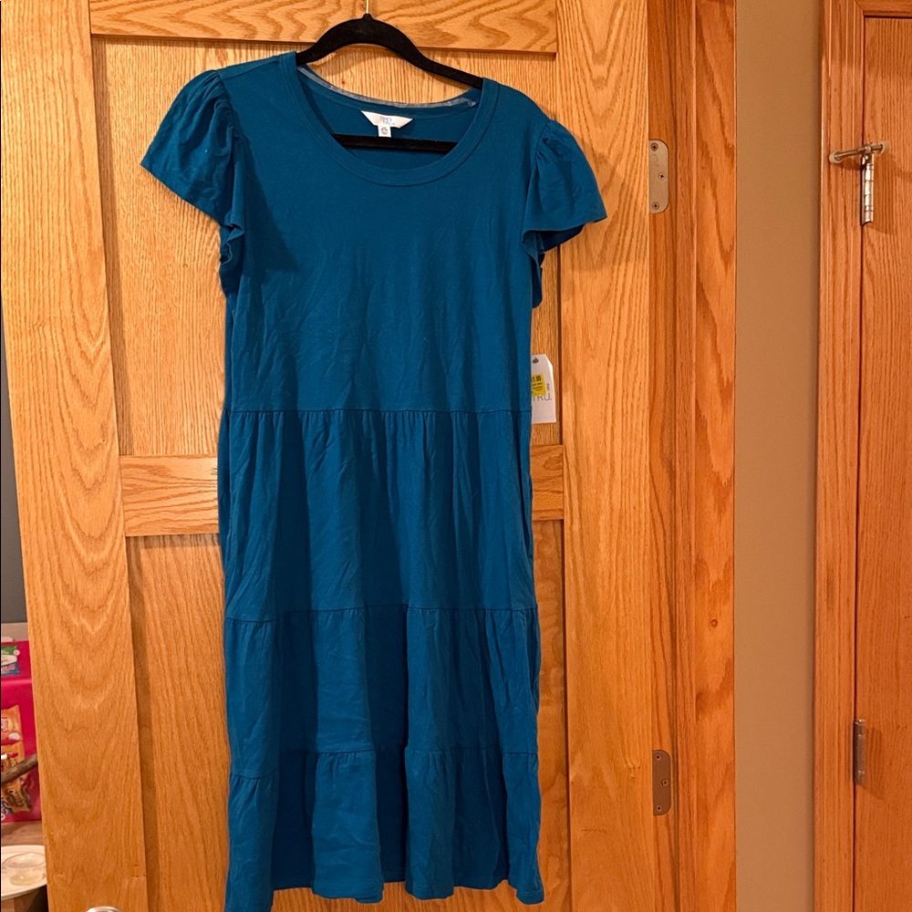 Dark blue Short Sleeve Women's Dress - pockets and ruffle shoulder